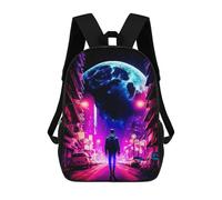sinyumoney 3D Printed Backpack Neon Cityscape with Giant Moon Children's School Bags Rucksacks High Capacity Travel Kids School Bag Fashion Book Bags Boy Girl Back Pack 17inch