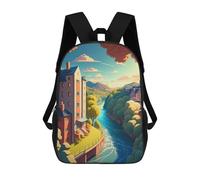 sinyumoney 3D Printed Backpack Riverfront Village Serenity Children's School Bags Rucksacks High Capacity Travel Kids School Bag Fashion Book Bags Boy Girl Back Pack 17inch