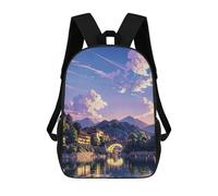 sinyumoney 3D Printed Backpack Serene Lake Village Sunset Children's School Bags Rucksacks High Capacity Travel Kids School Bag Fashion Book Bags Boy Girl Back Pack 17inch