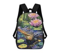 sinyumoney 3D Printed Children Backpacks Alligator in Lily Pond Rucksacks Backpacks Fashion Casual Daypack Cute Travel Bags Outdoor Casual Daypack for Boy And Girl