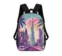 sinyumoney 3D Printed Children Dubai Skyline with Palm Trees Rucksacks Fashion Casual Daypack Cute Travel Bags Outdoor Casual Daypack for Boy And Girl 17inch
