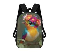 sinyumoney 3D Printed Children's 17inch Backpack Colorful Bird with Flower Crown Travel Lightweight School Bag Fashion Backpack for Kids School Students