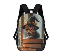 sinyumoney 3D Printed Children's 17inch Backpack Kitten Witch on Books Travel Lightweight School Bag Fashion Backpack for Kids School Students