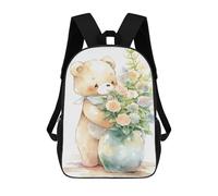 sinyumoney 3D Printed Children's 17inch Backpack Teddy Bear with Flower Bouquet Travel Lightweight School Bag Fashion Backpack for Kids School Students