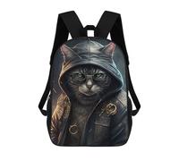 sinyumoney 3D Printed Children's 17inch Cat in Leather Jacket School Backpack High Capacity Travel Book School Bags for Boys Elementary And Middle School Students