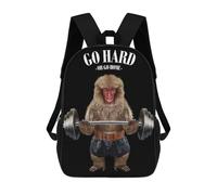 sinyumoney 3D Printed Children's 17inch Monkey Weightlifting School Backpack High Capacity Travel Book School Bags for Boys Elementary And Middle School Students