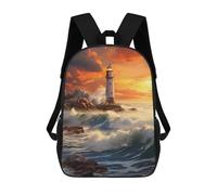 sinyumoney 3D Printed Children's 17inch School Bags Lighthouse Sunset Ocean Waves Backpack Travel Lightweight Backpack Book Bags Kids Boys Girls School Bag