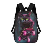 sinyumoney 3D Printed Children's 17inch School Bags Neon Skateboarding Cat Art Print Backpack Travel Lightweight Backpack Book Bags Kids Boys Girls School Bag