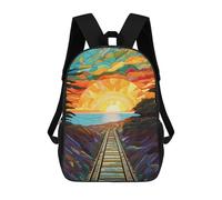 sinyumoney 3D Printed Children's 17inch Stained Glass Sunset Train Tracks School Backpack High Capacity Travel Book School Bags for Boys Elementary And Middle School Students