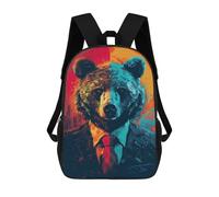 sinyumoney 3D Printed Children's 17inch Urban Bear Boss School Backpack High Capacity Travel Book School Bags for Boys Elementary And Middle School Students