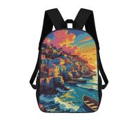 sinyumoney 3D Printed Children's Backpack Colorful Coastal Village at Sunset School Backpack High Capacity Travel Book Bags for Boys Elementary And Middle School Students 17inch