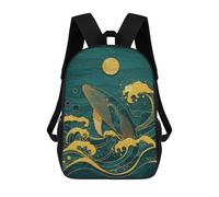 sinyumoney 3D Printed Children's Backpack Golden Whale in Teal Ocean Art School Backpack High Capacity Travel Book Bags for Boys Elementary And Middle School Students 17inch