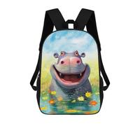sinyumoney 3D Printed Children's Backpack Happy Hippo in Flowers School Backpack High Capacity Travel Book Bags for Boys Elementary And Middle School Students 17inch