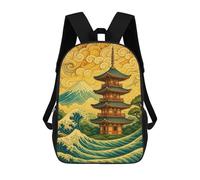 sinyumoney 3D Printed Children's Backpack Japanese Pagoda with Mount Fuji And Waves School Backpack High Capacity Travel Book Bags for Boys Elementary And Middle School Students 17inch