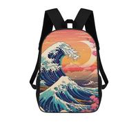 sinyumoney 3D Printed Children's Backpack Japanese Wave Cherry Blossoms School Backpack High Capacity Travel Book Bags for Boys Elementary And Middle School Students 17inch