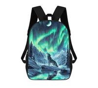 sinyumoney 3D Printed Children's Backpack Nordic Wolf Aurora Borealis School Backpack High Capacity Travel Book Bags for Boys Elementary And Middle School Students 17inch