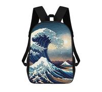 sinyumoney 3D Printed Children's Backpack Sea Wave Japanese Art 4 School Backpack High Capacity Travel Book Bags for Boys Elementary And Middle School Students 17inch