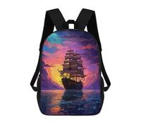 sinyumoney 3D Printed Children's Backpack Sunset Sea Ship Pixel Art School Backpack High Capacity Travel Book Bags for Boys Elementary And Middle School Students 17inch