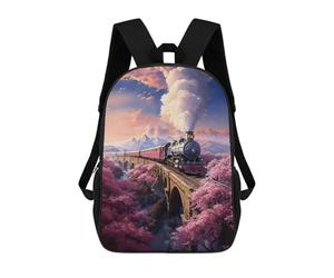 sinyumoney 3D Printed Children's Backpack Vintage Sakura Steam Train Travel Lightweight School Bag Fashion School Backpack for Kids School Students 17inch
