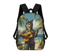 sinyumoney 3D Printed Children's Backpack Wolf Playing Guitar on Tropical Beach Travel Lightweight School Bag Fashion School Backpack for Kids School Students 17inch
