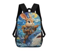 sinyumoney 3D Printed Children's School Bags Armed Rabbit Riding Shark in Starry Night Backpack Travel Lightweight Backpack Book Bags Kids Boys Girls School Bag 17inch