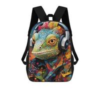 sinyumoney 3D Printed Children's School Bags Colorful Lizard with Headphones-1 Backpack Travel Lightweight Backpack Book Bags Kids Boys Girls School Bag 17inch