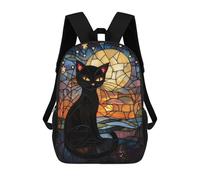 sinyumoney 3D Printed Children's School Bags Stained Glass Black Cat And Moon Backpack Travel Lightweight Backpack Book Bags Kids Boys Girls School Bag 17inch