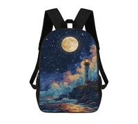 sinyumoney 3D Printed Children's School Moonlit Coastal Lighthouse Scene Backpack High Capacity Travel Book Bags Fashion Rucksacks Kids School Casual Back Pack 17inch