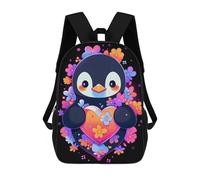 sinyumoney 3D Printed Children's School Penguin Flowers And Hearts Backpack High Capacity Travel Book Bags Fashion Rucksacks Kids School Casual Back Pack 17inch