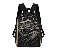 sinyumoney 3D Printed Children's School Whale in Stormy Sea Woodcut Illustration Backpack for Kids High Capacity Travel Fashion Rucksacks Kids School Bag Casual Back Pack 17inch