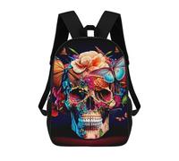 sinyumoney 3D Printed Colorful Floral Skull Art Children Backpacks Kids Cute School Backpack Outdoor Casual Daypack for Boys Middle School Students 17inch