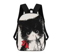 sinyumoney 3D Printed Cute Black And White Neko Cat with Red Bow Children's School Backpack for Kids High Capacity Travel Rucksacks Fashion Book Bags Kids School Bag Back Pack 17inch