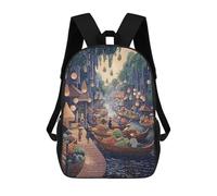 sinyumoney 3D Printed Floating Market Scene in Pointillist Style School Bags Kids Backpacks Casual Fashion Backpacks Book Bags for Boys Elementary And Middle School Students 17inch