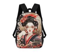 sinyumoney 3D Printed Geisha Portrait with Floral And Wave Motifs School Bags Kids Backpacks Casual Fashion Backpacks Book Bags for Boys Elementary And Middle School Students 17inch