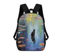 sinyumoney 3D Printed Kids School Backpack BLACK Cat Monet WaterLily Backpacks Fashion Casual Children Backpacks Outdoor Casual Daypack Cute Travel Bags 17inch