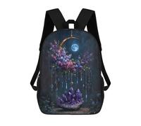 sinyumoney 3D Printed Kids School Backpack Floral Crescent Moon with Amethyst Crystals Children School Bag Travel Rucksacks Fashion Book Bags Large Capacity Backpack 17inch