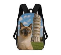sinyumoney 3D Printed Kids School Backpack Siamese Cat with Leaning Tower Backpacks Fashion Casual Children Backpacks Outdoor Casual Daypack Cute Travel Bags 17inch