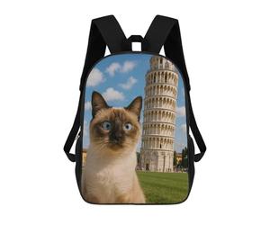 sinyumoney 3D Printed Kids School Backpack Siamese Cat with Leaning Tower Backpacks Fashion Casual Children Backpacks Outdoor Casual Daypack Cute Travel Bags 17inch