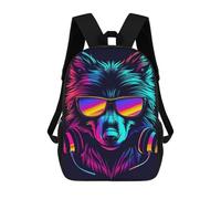 sinyumoney 3D Printed Neon Wolf Headphones Art Print -3 Children's 17inch School Backpack for Kids High Capacity Travel Rucksacks Fashion Book Bags Kids School Bag