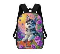 sinyumoney 3D Printed Painted Husky with Flowers -2 Children School Backpack Fashion Rucksack Casual Travel 17inch Backpacks Large Capacity Daypack for Boys Girls