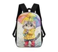 sinyumoney 3D Printed Rainy Day Kitten with Umbrella-10 Children School Backpack Fashion Rucksack Casual Travel 17inch Backpacks Large Capacity Daypack for Boys Girls