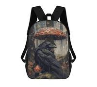 sinyumoney 3D Printed Rainy Forest Raven with Umbrella Mushroom Children School Backpack Fashion Rucksack Casual Travel 17inch Backpacks Large Capacity Daypack for Boys Girls