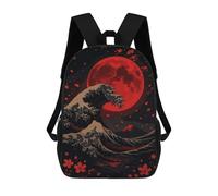 sinyumoney 3D Printed Red Moon Wave Japanese Art Children School Bookbags Fashion Rucksack Casual Travel Children's Backpacks Large Capacity Daypack for Boys Girls 17inch