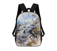 sinyumoney 3D Printed Santorini in Watercolor School Backpack for Kids Children's 17inch Backpacks Boy Girl Book Bags Kids School Bag