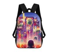 sinyumoney 3D Printed School Bag Neon Cityscape with Silhouette Kid's Backpack Bookbag Cute Rucksacks Waterproof Fashion Casual Schoolbag for Kids 17inch