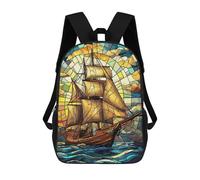 sinyumoney 3D Printed Stained Glass Sailing Ship Illustration School Bag Boys Girls Children's School Backpack Casual Fashion Backpack for in School Or Travel 17inch