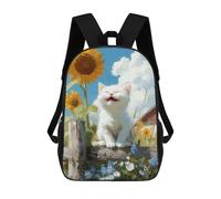 sinyumoney 3D Printed White Cat with Sunflowers School Backpack With Big Pockets for Kids, Children's Backpacks Book Bags Kids School Bag 17inch