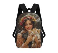 sinyumoney 3D Printed Winter Floral Crown with Kittens-3 Children's 17inch School Backpack for Kids High Capacity Travel Rucksacks Fashion Book Bags Kids School Bag