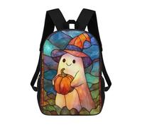 sinyumoney 3D Printing Halloween Ghost with Pumpkin Stained Glass Children School Backpacks Boys Bookbags Big Capacity Bookbag Travel Backpack Daypacks 17inch