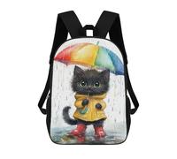 sinyumoney 3D Rainy Day Kitten with Umbrella-1 School Backpack for Kids Adult,Animal Schoolbags Large Bookbags Casual Daypack with Side Mesh Pocket 17inch